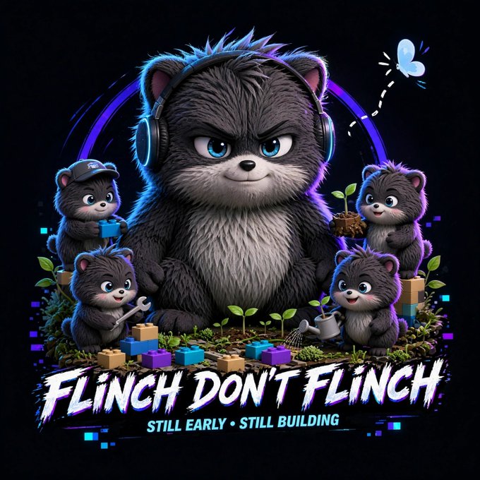 A vibrant digital illustration of a large fluffy gray cat character wearing headphones, surrounded by smaller cartoon cats engaged in activities like watering plants and building, with the text 'FLINCH DON'T FLINCH - STILL EARLY • STILL BUILDING'.
