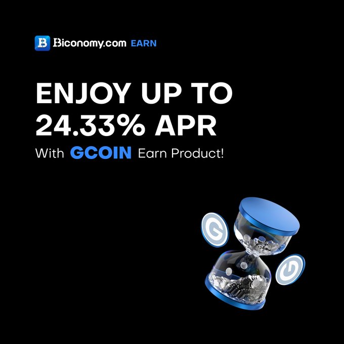 This advertisement for Biconomy.com's EARN product promotes up to 24.33% APR through their GCOIN Earn Product, featuring a black background with bold white text and a 3D-rendered hourglass containing coins surrounded by floating G tokens, visually reinforcing the concept of putting your crypto assets to work to generate yield over time, matching the post's message about effortless earning with flexible options and limited quotas.