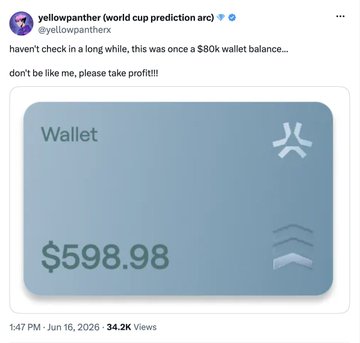 A tweet from yellowpanther (@yellowpantherx) showing a Wallet balance of $598.98, with text reading 'haven't check in a long while, this was once a $80k wallet balance... don't be like me, please take profit!!!'