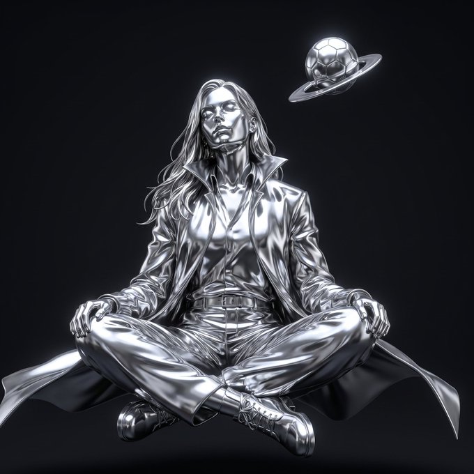 3D rendered metallic silver figure of a long-haired person meditating cross-legged with a soccer ball planet with rings floating beside their head against a dark background.