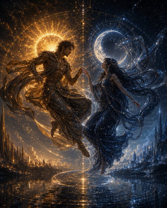 A radiant golden male figure crowned by the sun reaches toward a luminous silver-blue female figure encircled by the moon, their hands nearly touching across a divided cosmic landscape. The image visually embodies the post's allegory of "Sol / Luna // The Old Split," depicting the original separation of masculine solar strength and feminine lunar intuition—two divine halves torn from unity and conditioned into opposition through the "memory of division" the text describes.