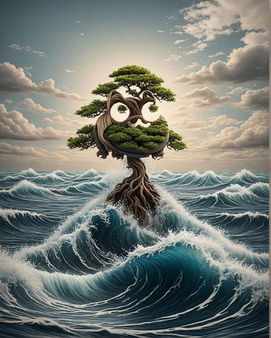 A surreal digital artwork showing a bonsai-like tree growing from turbulent ocean waves under a cloudy sky