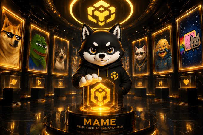 A digital artwork featuring a Shiba Inu character wearing a black hoodie standing before a pedestal labeled 'MAME MEME CULTURE. IMMORTALIZED.', surrounded by glowing portraits of other famous meme characters.