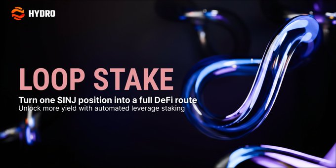 A promotional graphic for 'HYDRO LOOP STAKE' with text reading 'Turn one $INJ position into a full DeFi route' and 'Unlock more yield with automated leverage staking.'