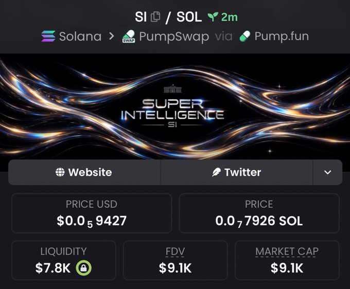 A cryptocurrency token page for 'SI / SOL' (Super Intelligence) on the Solana network, showing the token was created via PumpSwap via Pump.fun 2 minutes ago, with a price of $0.059427 USD (0.007926 SOL), liquidity of $7.8K, and market cap of $9.1K.