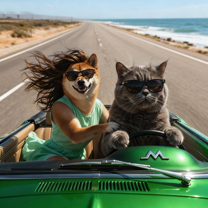 AI-generated image of a dog and a gray cat wearing sunglasses, riding together in a green convertible along a coastal highway.