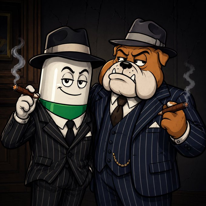 The image features two cartoon characters dressed in suits, standing next to each other with their arms around one another's shoulders. One character has a cigarette in his mouth while the other character also has a cigarette. The background of the image shows a dark room or hallway, which complements the overall theme and atmosphere of the scene.