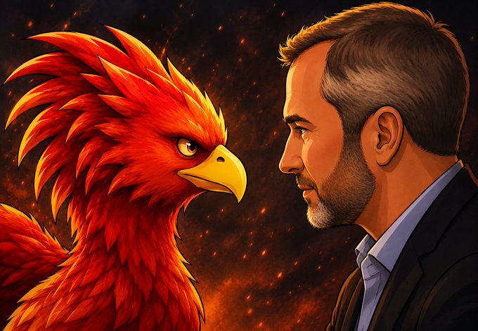 A man in a dark suit stands face-to-face with a fierce, fiery phoenix against a backdrop of glowing embers, symbolizing rebirth and resilience.

The image visually reinforces the "$PHNIX" token's connection to XRP by depicting the legendary phoenix, suggesting the project's fiery, community-driven spirit and its rise from the legacy of Ripple's ecosystem.