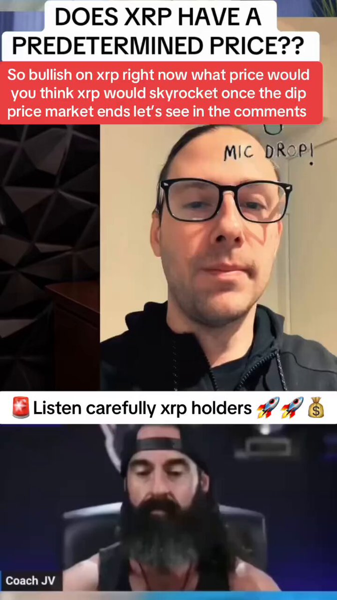 The image features a man wearing glasses, sitting down with a beard, possibly watching something. The man has a microphone behind his head. On top of him sits another person holding a sign that reads "XRP has a predicted price" while they appear to be looking at the camera. In the background, there are two TVs visible above them - one on the left and the other in the middle section of the image. The man with glasses seems interested in something or someone behind him.