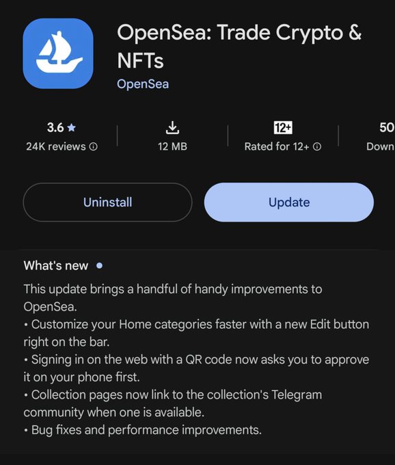 A screenshot of the Google Play Store app page for "OpenSea: Trade Crypto & NFTs" by OpenSea, showing a 3.6 star rating, 24K reviews, 12 MB size, 12+ rating, with "Uninstall" and "Update" buttons, and listing what's new including home category customization, QR code sign-in, Telegram community links, and bug fixes.