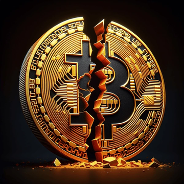 A golden Bitcoin coin is dramatically cracked down the middle, splitting into two halves with fragments falling away, symbolizing the cryptocurrency's 27% crash as miners sell off holdings worth $1.78 billion. The fractured coin visually represents the pressure on miners, who now face $74,000 production costs against a $63,000 market price, forcing them to liquidate their BTC reserves.