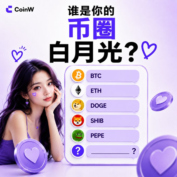 A CoinW promotional graphic asking '谁是你的币圈白月光?' (Who is your crypto moonlight?) featuring an AI-generated woman alongside cryptocurrency icons for BTC, ETH, DOGE, SHIB, and PEPE.