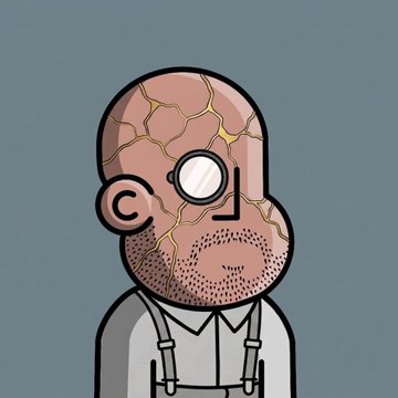 A cartoon-style portrait of a bald man with a magnifying glass for one eye, facial stubble, and a white shirt with suspenders against a gray background.