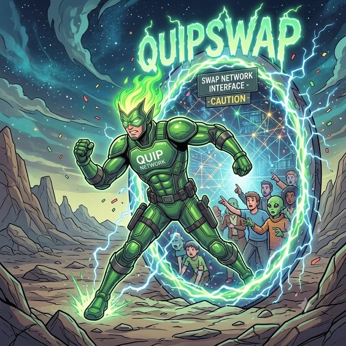 A comic-book-style illustration features a green-suited superhero labeled 'QUIP NETWORK' emerging from a portal, with 'QUIPSWAP' and 'SWAP NETWORK INTERFACE - CAUTION' written above.