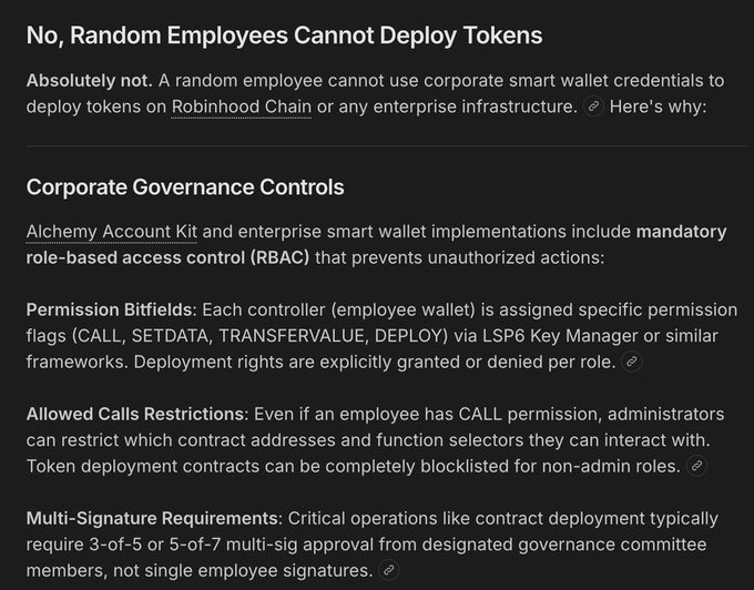 A document titled 'No, Random Employees Cannot Deploy Tokens' explaining corporate governance controls and multi-signature requirements for token deployment.