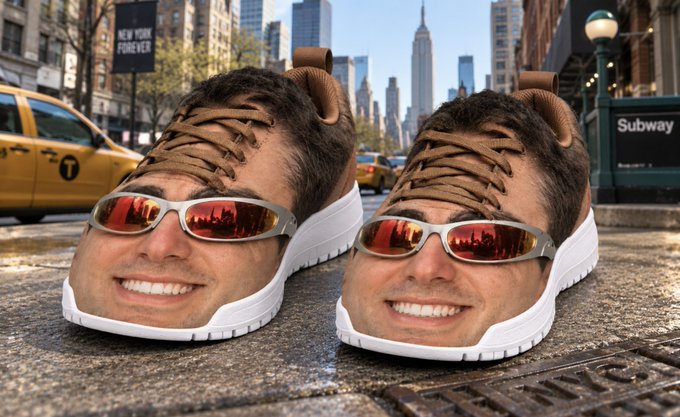 A surreal composite image showing sneakers with a man's smiling face and sunglasses photoshopped onto the toe area, set on a New York City street with a yellow taxi and subway grate.