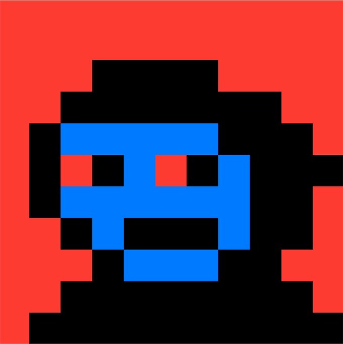 A low-resolution pixel art style face with black outlines and blocks, featuring a blue central section with red and black pixelated eyes, set against a solid red background.