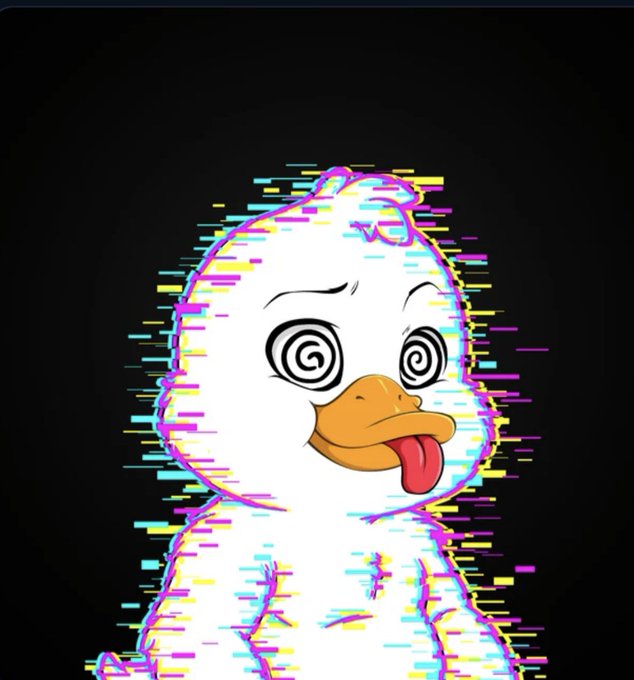 A distorted cartoon duck with swirl eyes, tongue out, and a glitch effect overlay against a black background.