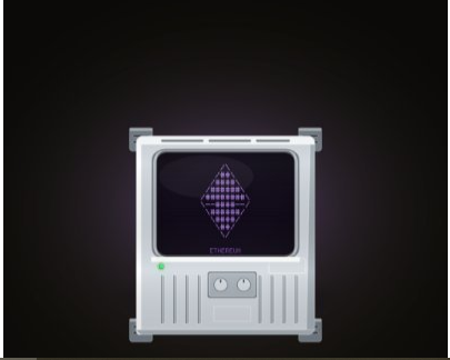 A 3D illustration of a retro, metallic device resembling an old computer or terminal with a screen displaying a purple, diamond-shaped Ethereum logo and the word 'ETHEREUM' on its front panel.