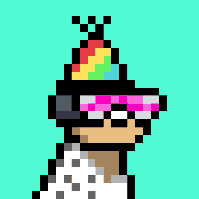 Pixel art of a character resembling Mickey Mouse wearing a colorful party hat and pink sunglasses on a teal background.