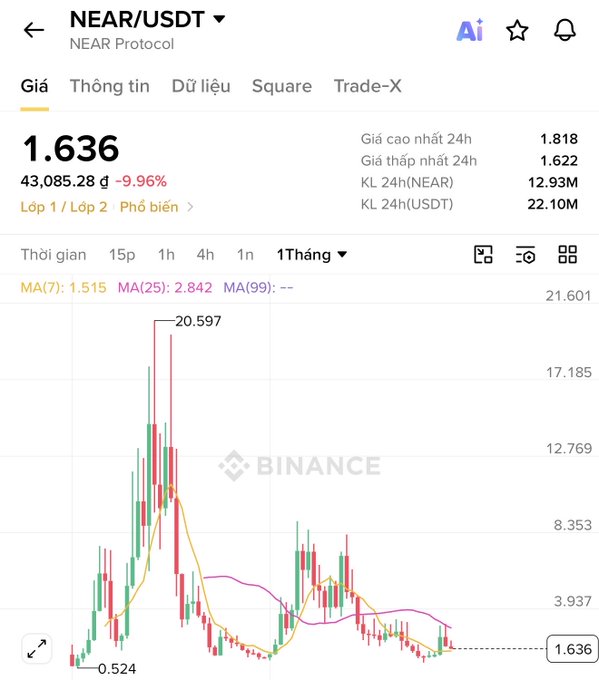 A Binance cryptocurrency price chart for "NEAR/USDT" (NEAR Protocol) showing a current price of 1.636 with a -9.96% change, featuring a 1-month (1 Tháng) candlestick view.