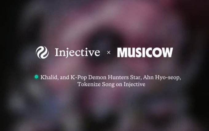 A promotional graphic for 'Injective x MUSICOW' announcing Khalid and K-Pop Demon Hunters Star Ahn Hyo-seop tokenizing a song on Injective.