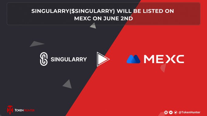 The image features a promotional poster for Singularry, which is a company that specializes in listing exchanges. The poster has a red background with white text, announcing that Singularry will be listed on MEXC on June 2nd. The poster also includes a blue and white logo of the exchange MEXC. The main focus of the image is to inform potential investors about the upcoming listing of Singularry on MEXC.