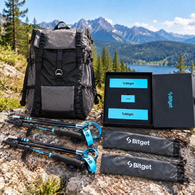 A promotional image of Bitget branded merchandise arranged on a rocky surface with mountain scenery, including a gray and black hiking backpack, branded trekking poles, and a gift box containing Bitget-labeled items.