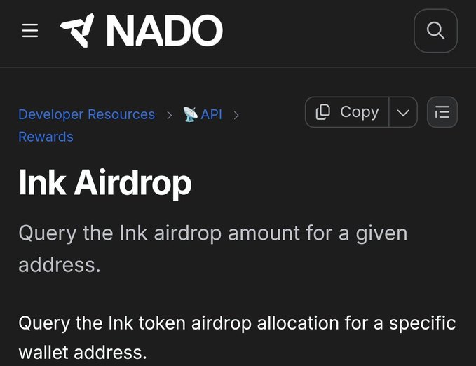 A dark-themed webpage screenshot for NADO's developer resources showing an 'Ink Airdrop' API section that queries airdrop amounts for wallet addresses.