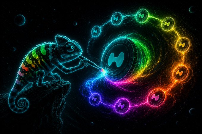 The image features a chameleon with rainbow-colored skin, standing on top of a cliff or mountain. The chameleon appears to be painting a picture using its long tongue as a paintbrush. The colors used for the painting are vibrant and varied, including shades of blue, green, purple, orange, yellow, and red. The image also contains text that reads "Every cycle creates a new color Every move creates a new opportunity #HyperEVM #HyperLiquid". This suggests that the chameleon's actions in the image could be interpreted as a metaphor for personal growth or transformation through continuous learning and adaptation to changing circumstances.