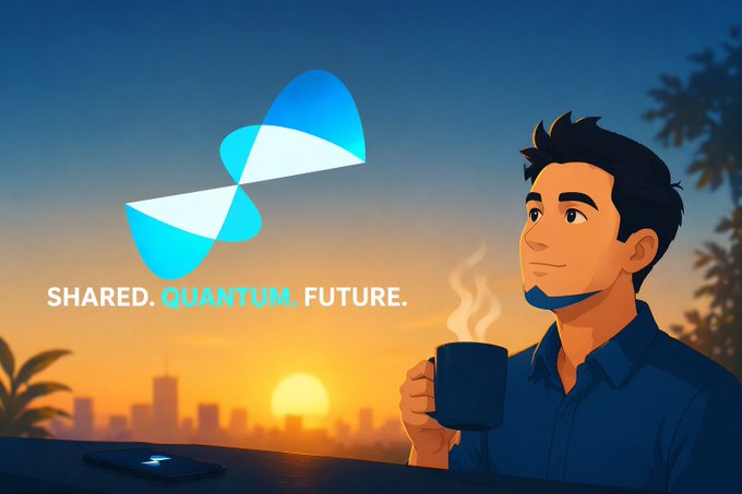 The image features a man sitting at a desk with his head tilted back, looking up towards the sky as he enjoys his coffee. There are two cell phones visible in the scene - one near the bottom left corner of the image and another on the right side. The background shows an orange sunset over a city skyline, creating a serene atmosphere for the man to enjoy his drink. The post includes text that reads "Shared. Quantum. Future."