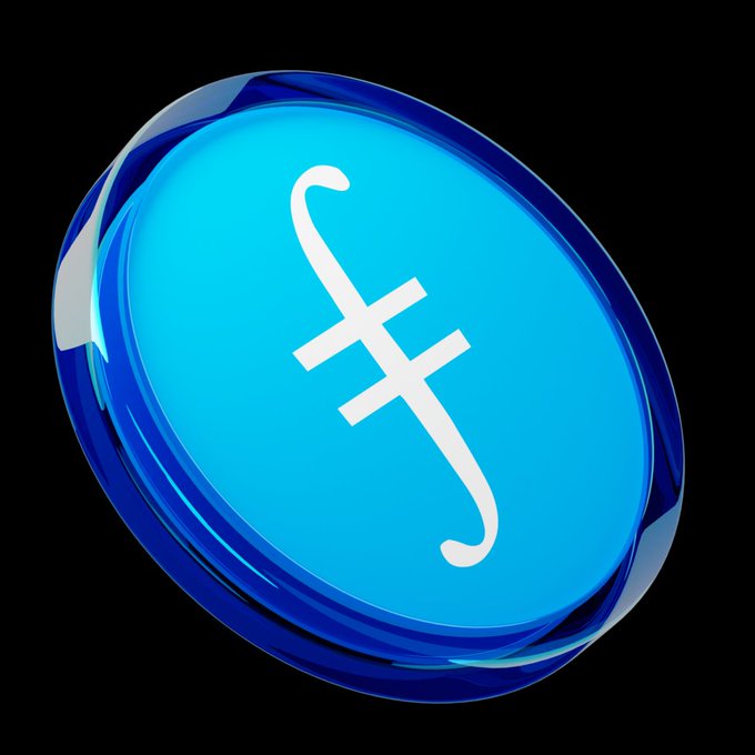 A glossy blue 3D coin featuring a white stylized 'f' symbol (Filecoin) on a black background.