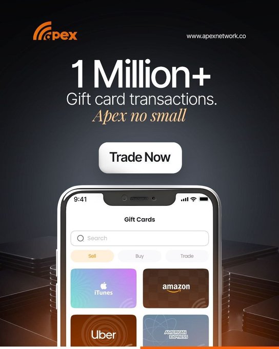 An Apex Network promotional ad celebrating "1 Million+ Gift card transactions" with a "Trade Now" call-to-action, showcasing a mobile app interface displaying gift card options (iTunes, Amazon, Uber, American Express) under Sell/Buy/Trade tabs, reinforcing the post's emphasis on Apex's substantial growth and expanding global crypto trading activity.