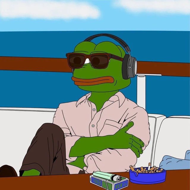 A digital cartoon illustration of Pepe the Frog wearing sunglasses, headphones, and a pink button-up shirt, sitting on a couch with crossed legs near an ashtray.
