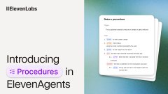 The image is a promotional graphic from ElevenLabs announcing "Introducing Procedures in ElevenAgents," with a preview card showing a step-by-step procedural workflow. It relates to the post by highlighting ElevenLabs' new agent capabilities—visualizing how voice AI can be structured into defined procedures for handling support, trust, and content workflows, which is central to the post's point about voice AI's expanding role in web3 teams.