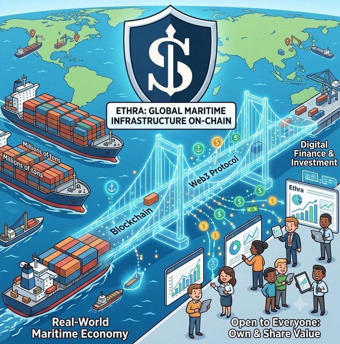 An infographic titled 'ETHRA: GLOBAL MARITIME INFRASTRUCTURE ON-CHAIN' depicting a blockchain-based system connecting global shipping with Web3 Protocol, Digital Finance & Investment, Real-World Maritime Economy, and Open to Everyone: Own & Share Value.