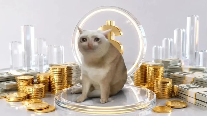 A Siamese-style cat sits inside a clear sphere featuring a golden dollar sign, surrounded by piles of gold coins, stacks of cash, and silver bars, set against a city skyline backdrop.