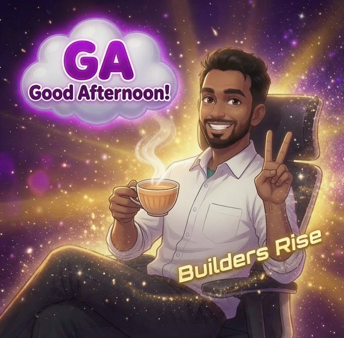 A cartoon illustration of a smiling man holding a coffee cup and making a peace sign, with a 'GA Good Afternoon!' speech bubble and 'Builders Rise' text, set against a purple cosmic background.