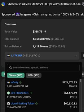 A cryptocurrency portfolio dashboard showing a 'Sponsored' message for 'bc.game', with a Total Value of $338,751.9, a SOL Balance of 44.58508955, and tokens including Infinity, Jito Staked SOL, and Liquid Staking Token.
