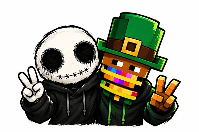 A digital illustration of two cartoon characters in black hoodies—one with a stitched white skull mask making a peace sign, and another with a green leprechaun hat and pixelated rainbow face also making a peace sign.