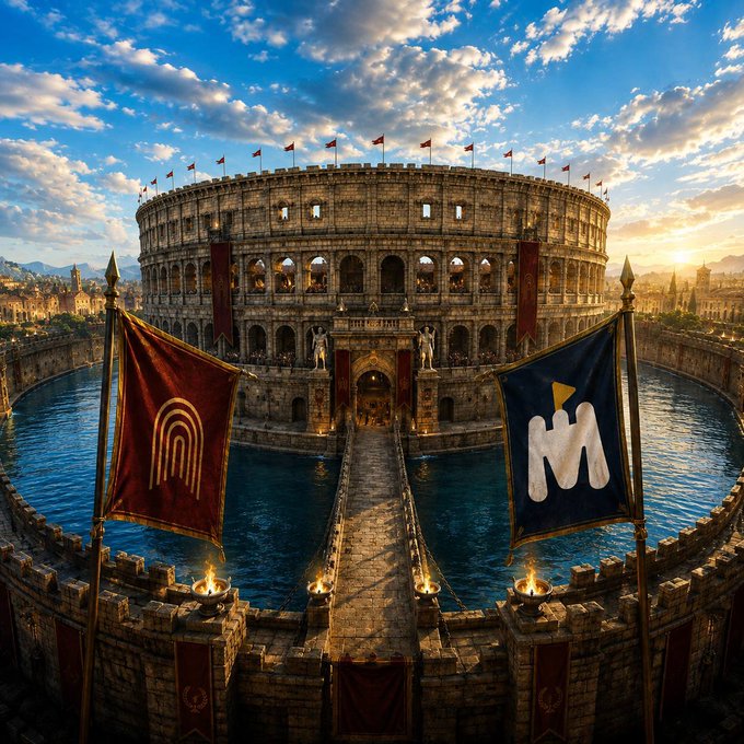 A dramatic, sun-drenched illustration of the Colosseum in Rome with a bridge crossing water, flanked by two banners: a red one with a golden arc logo and a blue one with a white 'M' logo.