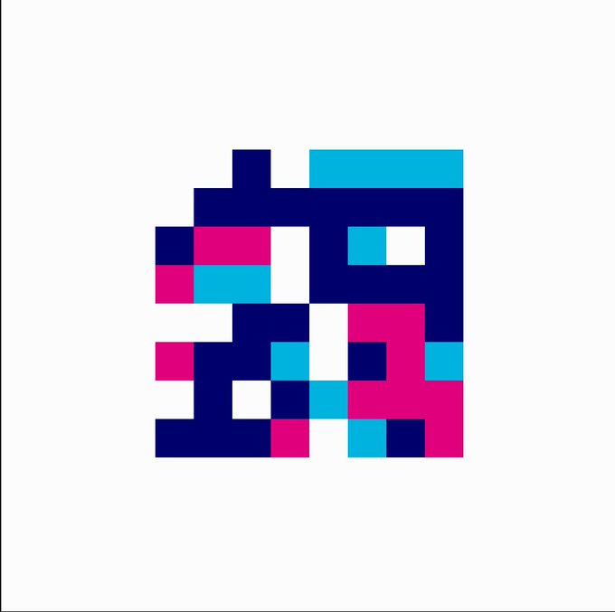 A pixelated digital artwork composed of squares in navy blue, magenta/pink, and teal colors, forming an abstract blocky design.
