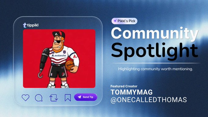 A "Community Spotlight" feature on the "tippik" platform highlighting a featured creator named "TOMMYMAG (@ONECALLEDTHOMAS)" alongside a pirate-themed digital collectible.