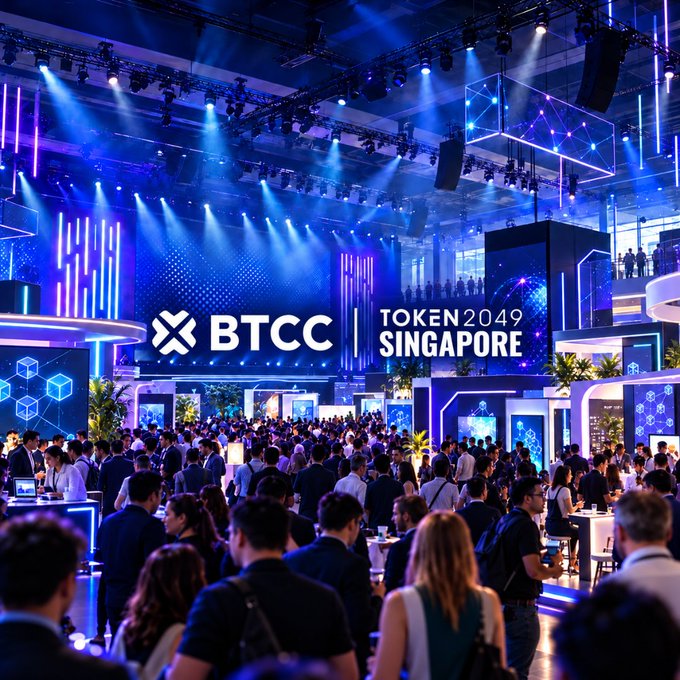 Event photograph of a large crowded conference hall with blue lighting, featuring a massive 'BTCC TOKEN 2049 SINGAPORE' display on the stage.