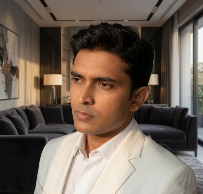 A man in a cream-colored suit and white shirt is shown in a luxurious modern interior with dark sofas and a world map artwork.
