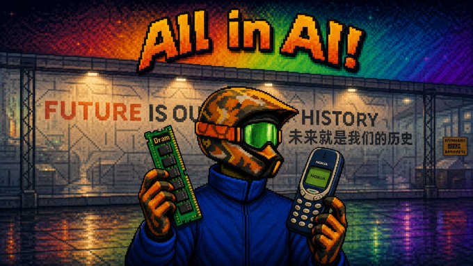 The image features a cartoon character wearing a helmet, holding two electronic devices - a cell phone and a computer chip or memory card. The character appears to be holding these items while standing next to a building with a sign that says "All In AI!".