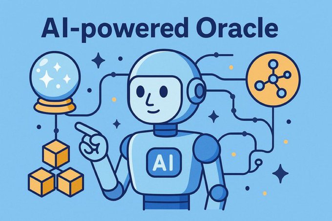 A stylized illustration titled "AI-powered Oracle" features a friendly blue robot labeled "AI" pointing toward a crystal ball and stacked blocks, representing how WINkLink combines AI technology with blockchain oracles to deliver reliable, tamper-resistant data for DeFi applications. The imagery visually reinforces the post's message about WINkLink serving as the intelligent oracle infrastructure backbone for decentralized finance.