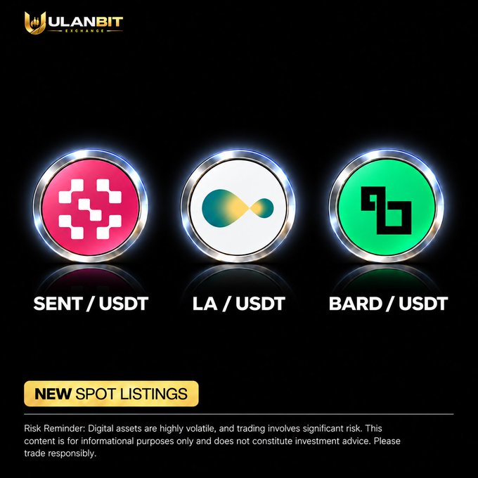 A promotional image announces Ulanbit Finance's new spot listings—SENT/USDT, LA/USDT, and BARD/USDT—displayed as three circular coin tokens against a black background, with the Ulanbit logo at the top and a risk reminder at the bottom.