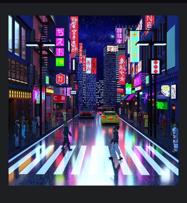 Vibrant pixel art illustration of a neon-lit cyberpunk Japanese street at night, featuring glowing signs with Japanese characters, cars, and pedestrians crossing a zebra crossing.