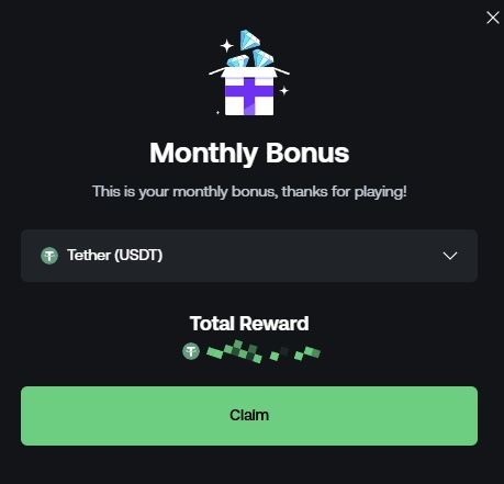 The image shows a "Monthly Bonus" pop-up from Shuffle, offering a Tether (USDT) reward with a green "Claim" button, though the total reward amount is pixelated/blurred out and unreadable. This relates to the post by @shufflecom, which teases a $100 USDT tip for the closest guess in a contest—so the screenshot likely previews the type of monthly crypto reward players can claim on the platform.